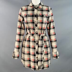 MANOUSH Size S Beige Black Cotton Plaid Raw Edges Belted Mini Shirt Dress